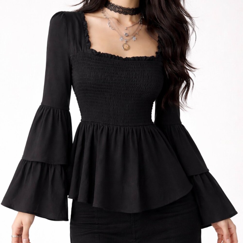 Dark Fairy Witchy Black Smocked Tiered Bell Sleeve Peplum Romantic Ruffle Top S